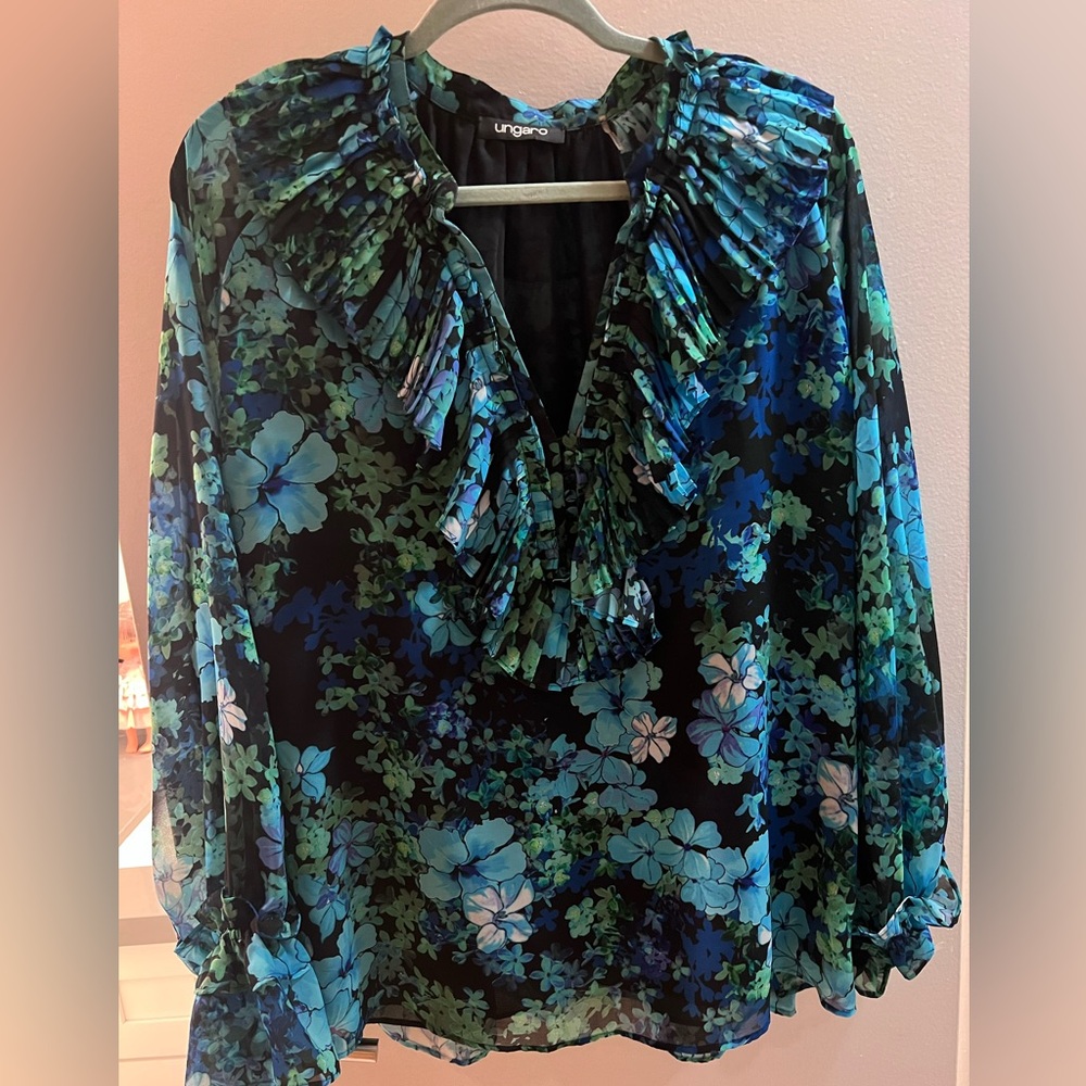 Ungaro Floral Pleated Ruffle Silk Blouse – Multicolor Blue/Green